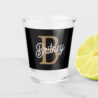 Modern Elegant Monogram Naam Zwart Goud Script Shot Glas