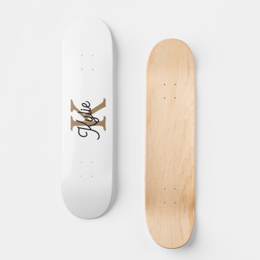Modern Elegant Monogram Naam Zwart Goud Script Skateboard (Voorkant)