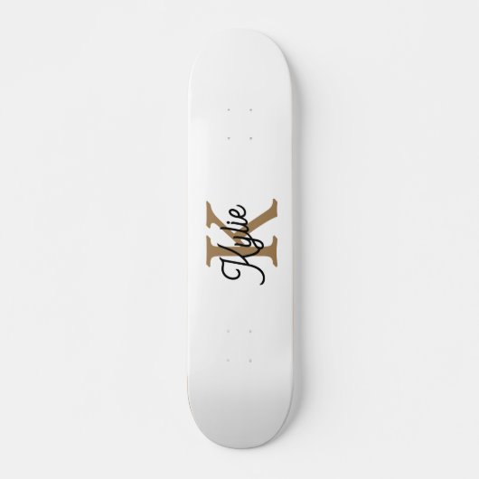 Modern Elegant Monogram Naam Zwart Goud Script Skateboard (Voorkant)