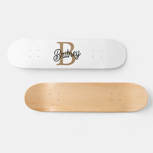 Modern Elegant Monogram Naam Zwart Goud Script Skateboard (Horizontaal)