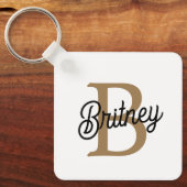 Modern Elegant Monogram Naam Zwart Goud Script Sleutelhanger (Voorkant)