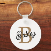 Modern Elegant Monogram Naam Zwart Goud Script Sleutelhanger (Voorkant)