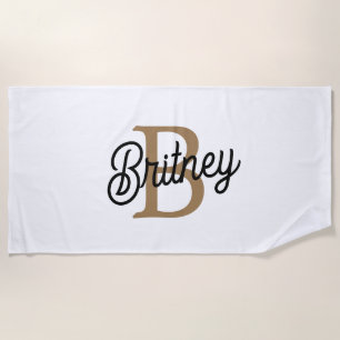 Modern Elegant Monogram Naam Zwart Goud Script Strandlaken