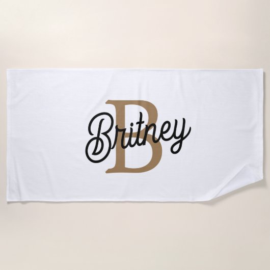 Modern Elegant Monogram Naam Zwart Goud Script Strandlaken (Voorkant)