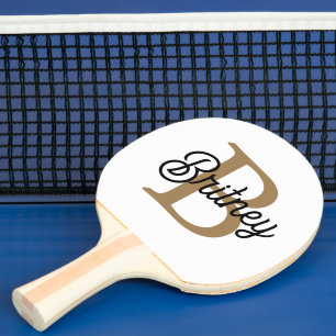 Modern Elegant Monogram Naam Zwart Goud Script Tafeltennisbatje