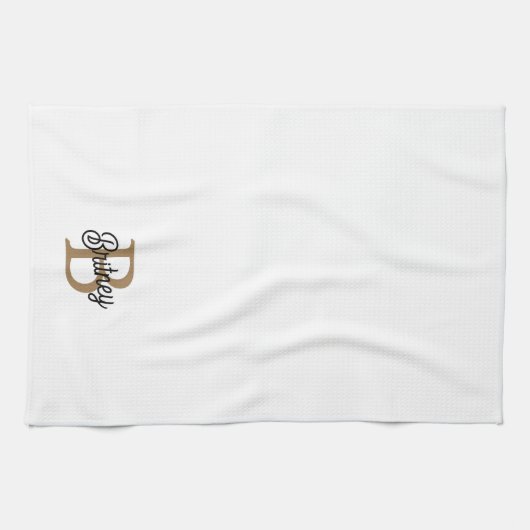 Modern Elegant Monogram Naam Zwart Goud Script Theedoek (Horizontaal)