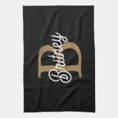 Modern Elegant Monogram Naam Zwart Goud Script Theedoek (Verticaal)