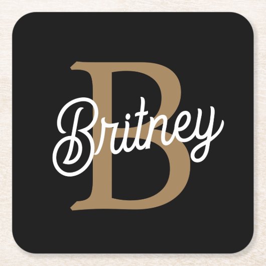 Modern Elegant Monogram Naam Zwart Goud Script Vierkante Kartonnen Onderzetter (Voorkant)