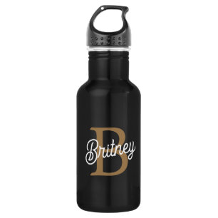 Modern Elegant Monogram Naam Zwart Goud Script Waterfles
