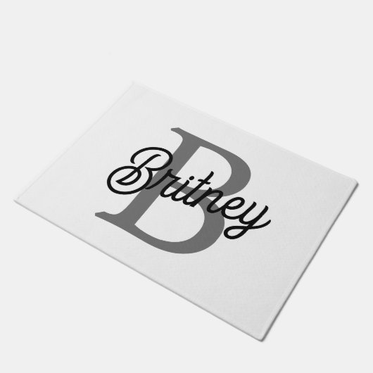 Modern Elegant Monogram Naam Zwart Grijs Script Deurmat (Schuin)