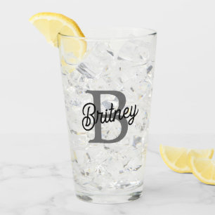 Modern Elegant Monogram Naam Zwart Grijs Script Glas