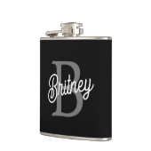 Modern Elegant Monogram Naam Zwart Grijs Script Heupfles (Links)