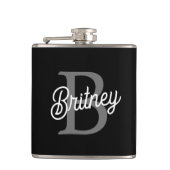 Modern Elegant Monogram Naam Zwart Grijs Script Heupfles (Voorkant)