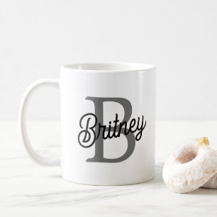 Modern Elegant Monogram Naam Zwart Grijs Script Koffiemok