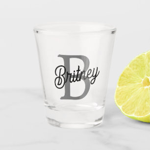 Modern Elegant Monogram Naam Zwart Grijs Script Shot Glas