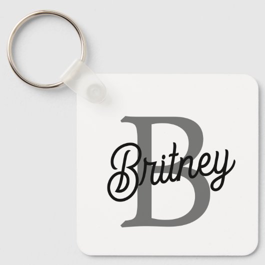 Modern Elegant Monogram Naam Zwart Grijs Script Sleutelhanger (Voorkant)