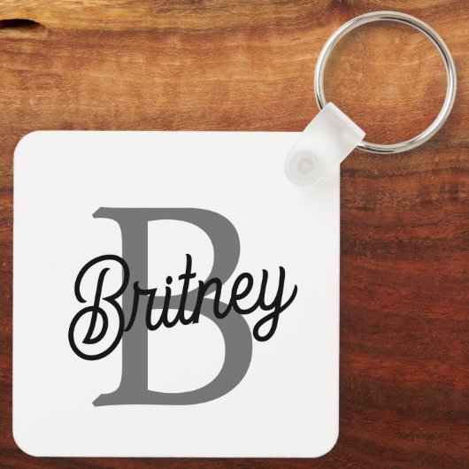 Modern Elegant Monogram Naam Zwart Grijs Script Sleutelhanger (Achterkant)