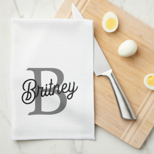 Modern Elegant Monogram Naam Zwart Grijs Script Theedoek