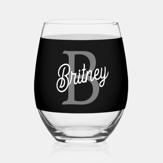 Modern Elegant Monogram Naam Zwart Grijs Script Wijnglas Zonder Voet (Voorkant)