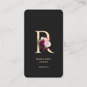 Modern Elegant Monogram R Bloemen Zwart Goud Visitekaartje (Voorkant)