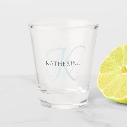 Modern Elegant Monogram Script Aqua Blue Shot Glas (Voorkant)