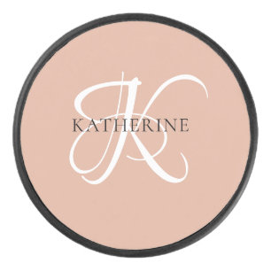Modern Elegant Monogram Script Blush Roze Hockey Puck