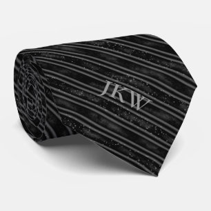 Modern Elegant Monogram Zwart en Grijs Gestreept Stropdas