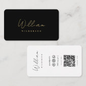 Modern Elegant Monogram Zwart Goud QR Visitekaartje (Voorkant / Achterkant)