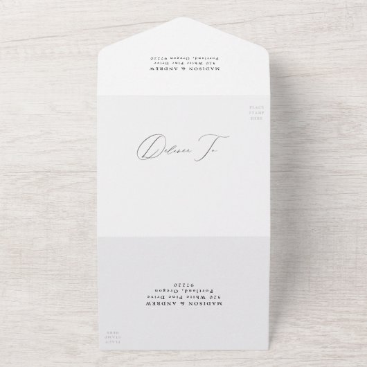 Modern Elegant Monogram Zwart-wit Bruiloft All In One Uitnodiging (Buitenkant)