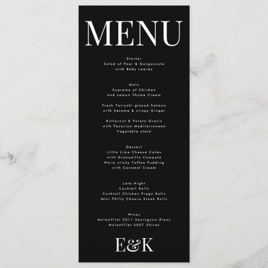 Modern Elegant Monogram Zwart Wit Bruiloft Menu (Voorkant)