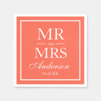 Modern Elegant Mr en Mrs Coral Wedding Servet