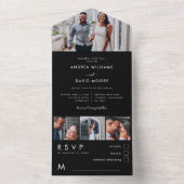 Modern Elegant Multi 4 Photo Collage Black Wedding All In One Uitnodiging (Binnen)