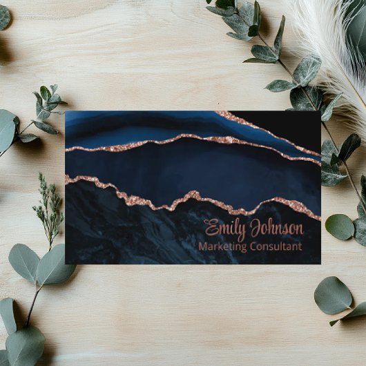 Modern Elegant Navy Blue Agaat Roos Gouden Glitter Visitekaartje
