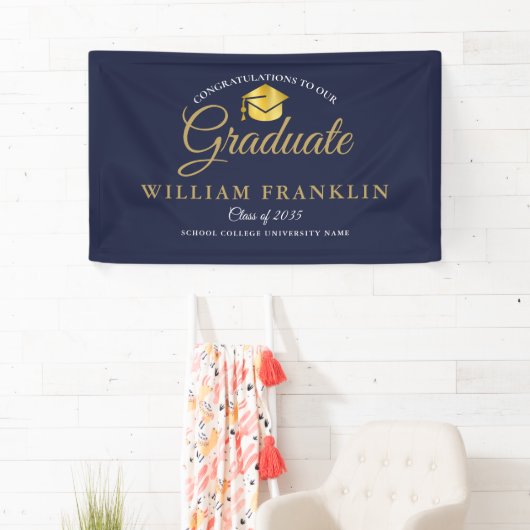 Modern Elegant Navy Blue en Gold Afstuderen Banne Spandoek (Insitu)