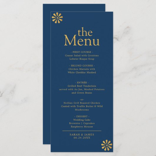 Modern Elegant Navy Blue Gold Lijst Dinermenu Menu (Voorkant / Achterkant)