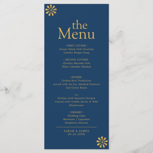 Modern Elegant Navy Blue Gold Lijst Dinermenu Menu (Voorkant)