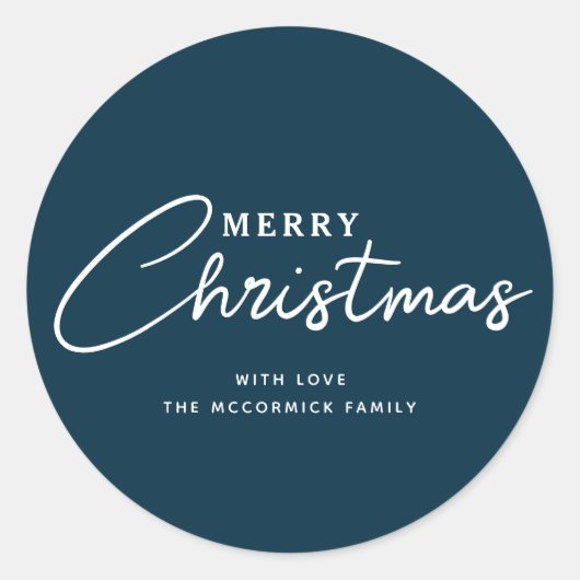 Modern Elegant Navy Blue Merry Christmas Naam Ronde Sticker (Voorkant)
