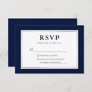 Modern Elegant Navy Blue Silver RSVP Kaartje