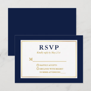 Modern Elegant Navy Blue White Gold RSVP Kaartje