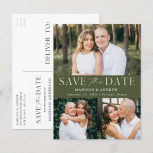 Modern Elegant Olive Green 3 Foto Save the Date Aankondigingskaart