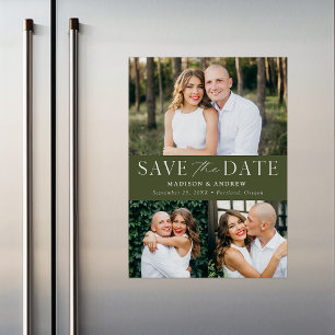 Modern Elegant Olive Green 3 Foto Save the Date Magnetische Uitnodiging