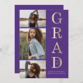 Modern Elegant Paars Gold 3 Foto Afstuderen Aankondiging (Voorkant / Achterkant)