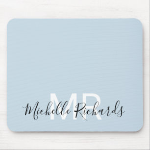Modern elegant pastelblauw monogram schrift muismat