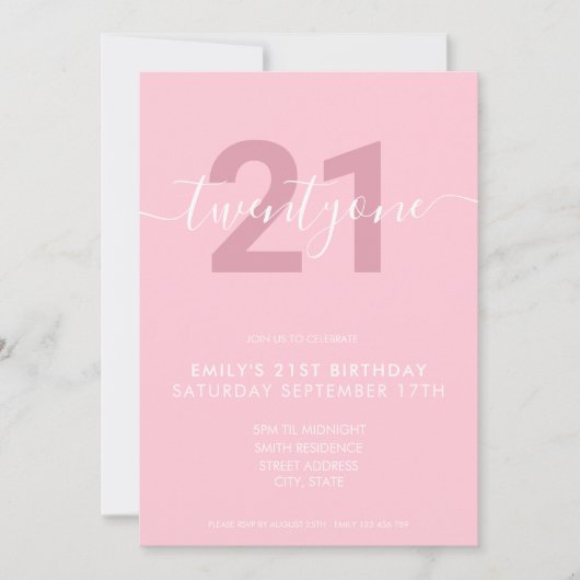 Modern Elegant Pink 21st Birthday Uitnodiging (Voorkant)