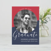 Modern Elegant Red Blue White | Foto-Afstuderen Kaart (Staand voorkant)