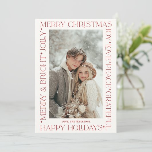 Modern Elegant Red Christmas Words Photo Kaart (Staand voorkant)