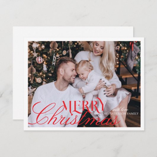 Modern Elegant rood script Kerstmis Familie Foto Feestdagenkaart (Voorkant / Achterkant)