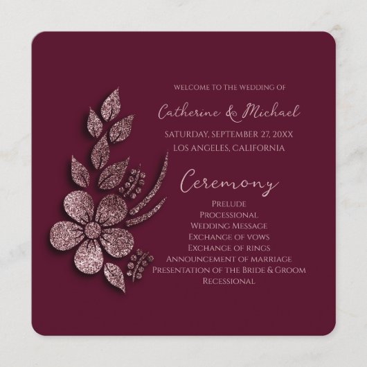 Modern Elegant Roos Gold Glitter Floral & Burgundy Programma (Voorkant)