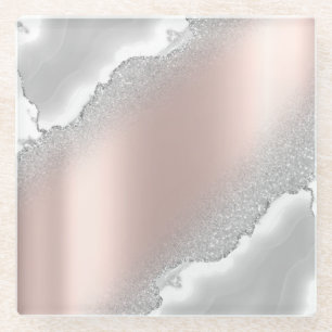 Modern Elegant Roos Gold Glitter Silver Marble Glazen Onderzetter