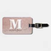 Modern Elegant Roos Goud Glitter Script Monogram Bagagelabel (Voorkant horizontaal)